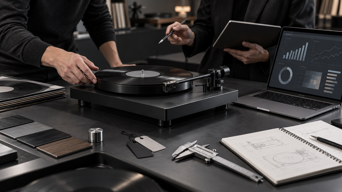 B2B audio team reviewing turntable return data and product samples in a premium industrial studio
