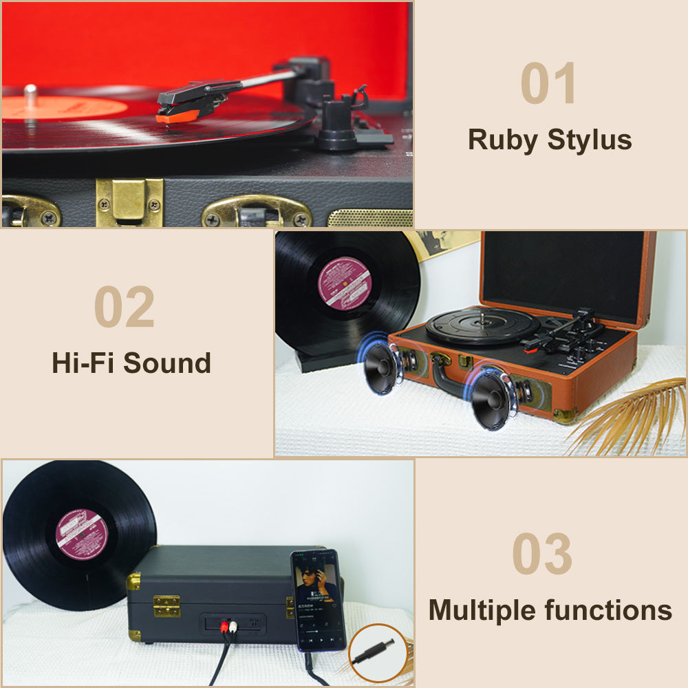 TR102-D Portable Bluetooth Suitcase Record Player with Built-in Stereo Speakers