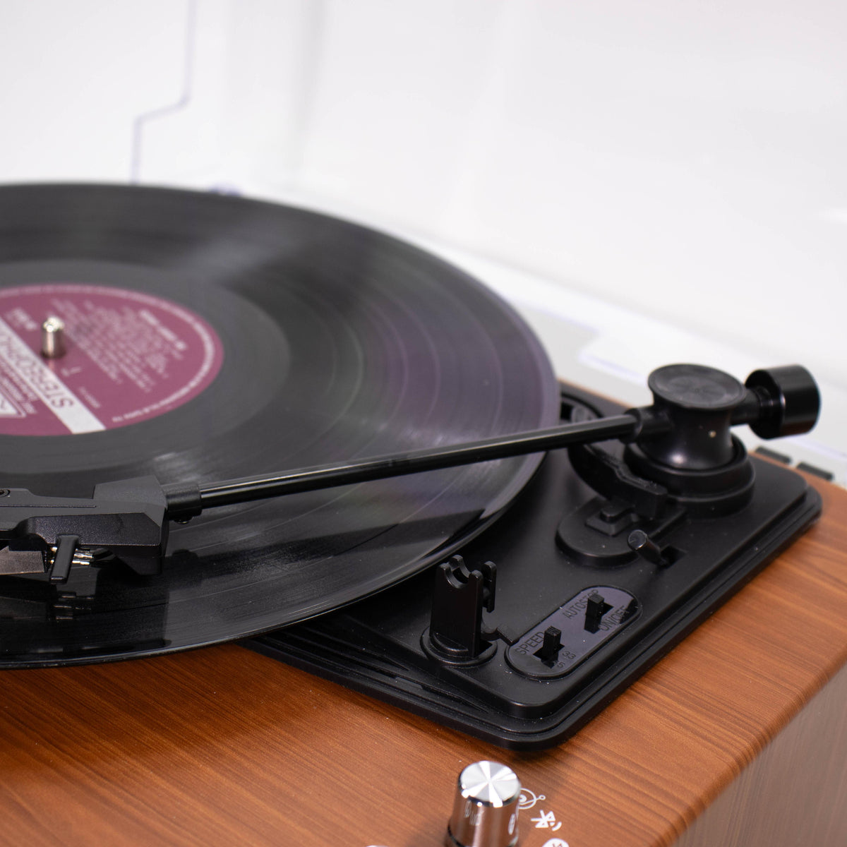 M102 Wood-Grain Bluetooth Record Player with Built-in Stereo Speakers